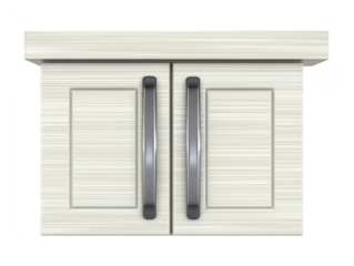 White wooden cabinet with two vertical metal handles, modern minimalist style, suitable for kitchen or bathroom storage, clean and organized appearance, home interior design