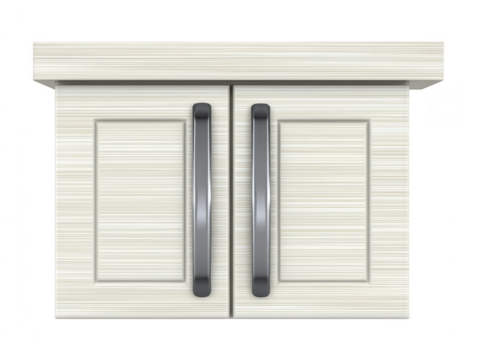 White wooden cabinet with two vertical metal handles, modern minimalist style, suitable for kitchen or bathroom storage, clean and organized appearance, home interior design