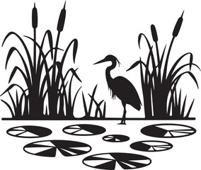 Black silhouette of natural eco background for world wetlands day celebration with diverse flora and fauna elements
