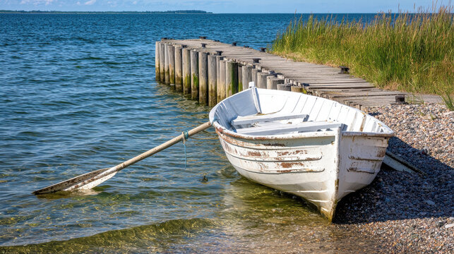 Weathered rowboat tied to collapsing pier on rocky shoreline with calm blue sea and grassy bank, peaceful summer scene