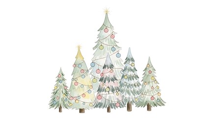 Obraz premium Watercolor illustration of a group of christmas trees decorated with lights and ornaments on white