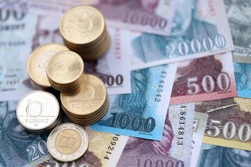 Hungarian Forint currency money bills and coins. Many HUF currency banknotes and coins close up