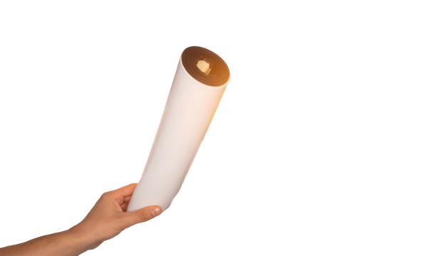 Human hand holding cylindrical object, end cap detail, against black background