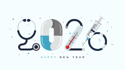 Happy New Year 2026 medical and healthcare banner; a creative design with 2026 formed by a stethoscope, pill, thermometer, and syringe for hospitals and doctors.