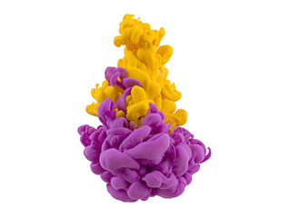 Obraz premium Purple and yellow ink swirling underwater, creating vibrant abstract cloud with dynamic movement and soft texture, isolated on transparency background, evoking creativity and energy