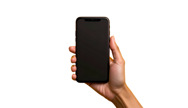A hand holds a smartphone with a blank screen against a black background - Powered by Adobe