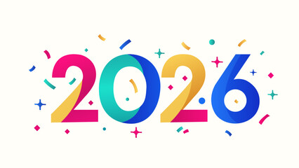 Colorful Happy New Year 2026 party banner; a modern, playful, and vibrant flat design with confetti and sparkles for a New Year's Eve celebration