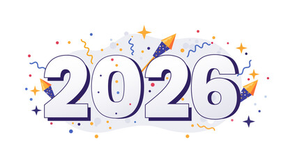 Colorful Happy New Year 2026 party banner; a modern and vibrant typography design with fluid gradients and confetti for a 2026 New Year's Eve celebration