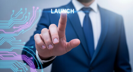 Close-up of hand touching a glowing "LAUNCH" button, digital circuits visible. Represents technological advancement and initiation of new project