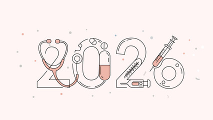 Happy New Year 2026 medical and healthcare banner; a creative and minimalist line art design with 2026 formed by medical icons