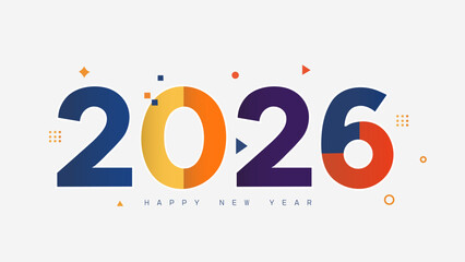 Modern Happy New Year 2026 banner; a colorful and playful typography design with abstract geometric shapes on a clean white background