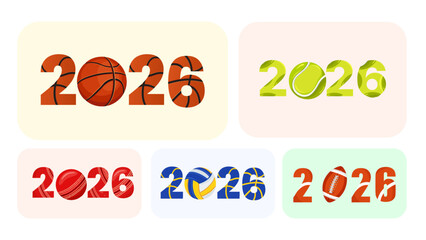 Sports New Year 2026 and Class of 2026 logo collection; a set of 2026 typography with basketball, tennis, cricket, volleyball, and football themes