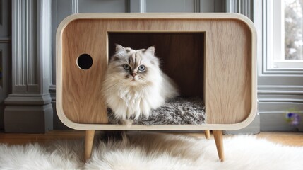 Stylish cat house with cozy bedding, featuring a fluffy white cat resting inside, modern furniture design that enhances home decor aesthetics