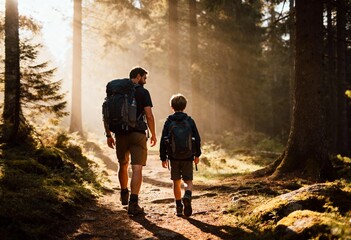 Father and son hiking in the forest