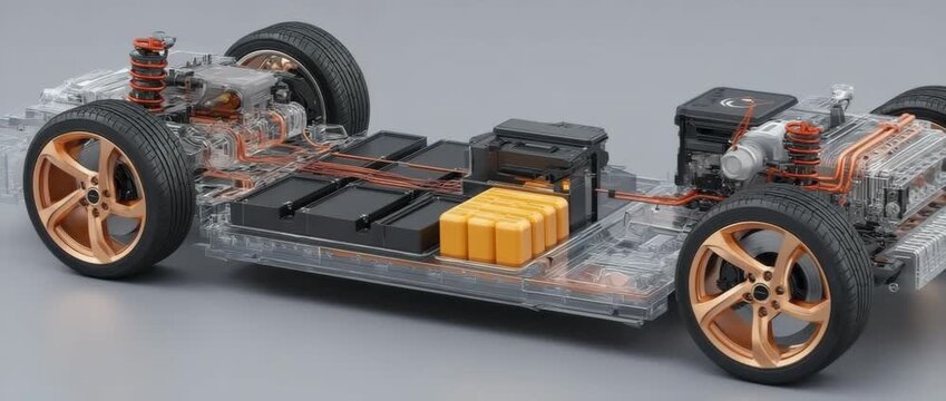 Transparent automobile body displaying wiring motor suspension and electric vehicle battery pack and powertrain assembly demonstrating renewable energy capability and effective electric propulsion