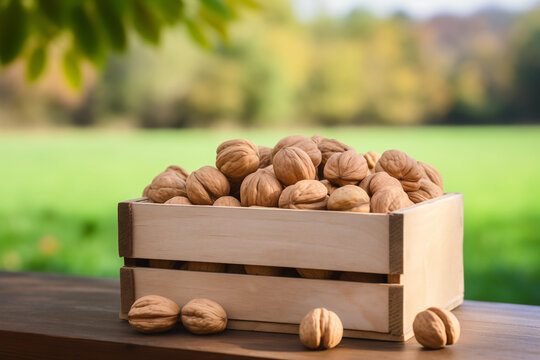 walnuts fresh in wooden crate on blurred background