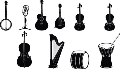 Musical instrument silhouettes, banjo, microphone stand, acoustic guitar, electric guitar, violin, cello, harp, bass drum, djembe, music icons collection