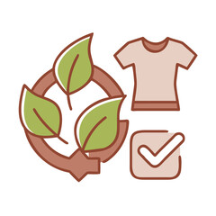 Illustration of sustainable fashion with leaves, shirt, and check mark