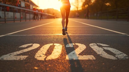 Woman Running Towards the Sunlight Over the Year 2026 on Asphalt