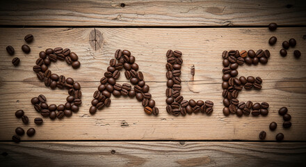 Coffee beans form the word SALE on a weathered wood surface, symbolizing a promotion, deal, or discount within the coffee industry or retail sector