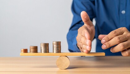 Balancing Stacked Coins on Wooden Plank to Represent Financial Growth and Stability