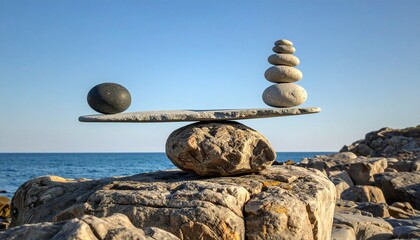 Balanced Rock Sculpture on Rocky Shoreline with Ocean Background