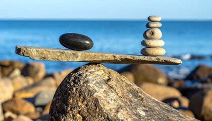 Balanced Rock Sculpture on Rocky Shoreline with Ocean Background