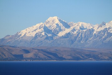 Panoramic view from Isla del Sol (Island of the sun) over seemingly endless Lake Titikaka in...