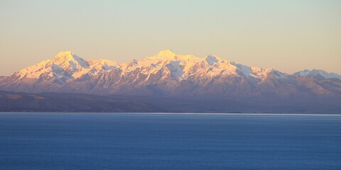 Panoramic view from Isla del Sol (Island of the sun) over seemingly endless Lake Titikaka in...