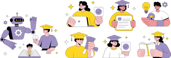 Artificial intelligence education, students learning with robots, online graduation, digital learning, AI technology, innovation, e-learning success, future education concept illustration