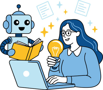 Artificial intelligence learning with woman, robot reading book, innovation, creativity, education technology, AI research, teamwork, digital knowledge, smart idea concept illustration