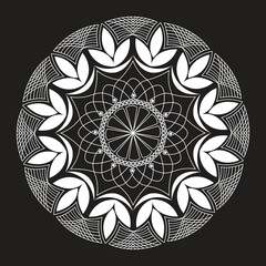 Original illustrated mandala pattern black background and white color.