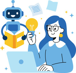 Artificial intelligence robot helping woman with idea generation, innovation, learning technology, creative thinking, AI education, teamwork, future knowledge sharing illustration