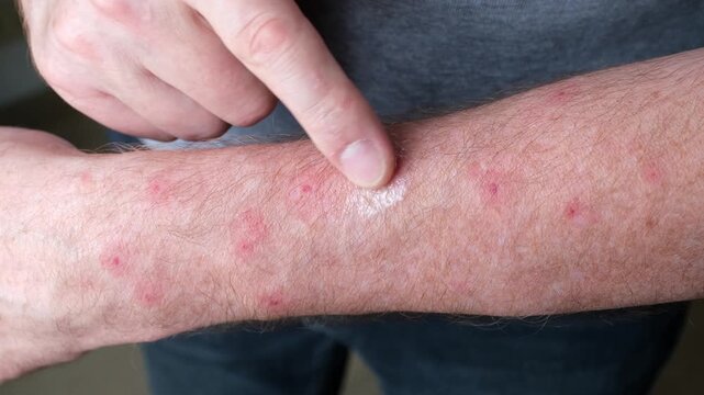 Caucasian man applies cream to inflamed and itchy insect bites on his arm