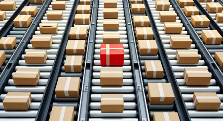 Conveyor rollers moving parcels with rhythmic pattern, concept of global shopping festival.