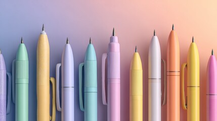 Colorful assortment of gel pens arranged neatly on a pastel background showcasing creativity and artistic expression in vibrant shades and styles