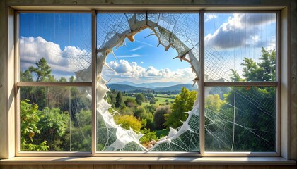 A rustic window frame showcasing a broken pane, offering a vibrant view of rolling hills, lush trees, and a bright blue sky