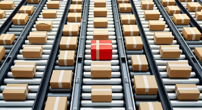 Conveyor rollers moving parcels with rhythmic pattern, concept of global shopping festival.