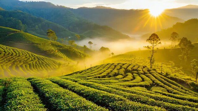 Vast green tea plantation at sunrise, rolling hills with neat rows of plants, golden sunlight rays breaking through mist, natural scenic beauty