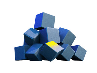 Obraz premium Blue geometric cubes stacked in random arrangement, with modern abstract style and touch of yellow accent, isolated on transparency background, creating playful and creative mood