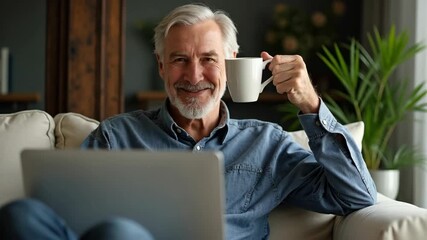 senior man relaxing on a comfortable sofa while drinking coffee and working on a laptop, cozy home interior with natural light, concept of home office, online education, senior lifestyle. - Powered by Adobe