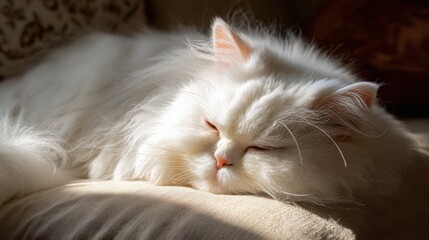 Fluffy White Cat Sleeping Peacefully on Soft Couch Bathed in Warm Sunlight Showcasing Its Beautiful Fur and Serene Expression in a Cozy Indoor Setting