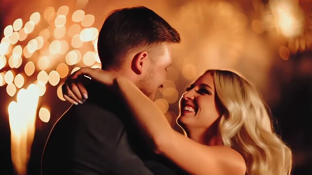 A happy, loving couple embraces and dances under a beautiful fireworks. Perfect for themes of romance, celebration, and special moments.
