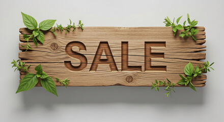 Carved wooden sign with "SALE" and foliage decoration, suggesting a promotion or discount with an organic and natural touch, ideal for eco-friendly sale event