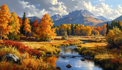 A scenic, vibrant autumn landscape features a meandering stream, colorful trees, and majestic mountains under a cloudy sky