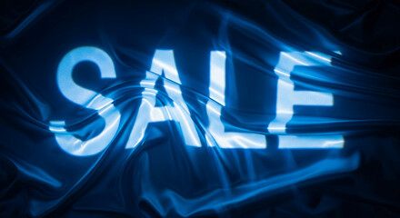 Blue silk cloth with the word SALE, reflecting light, creating elegant patterns, representing promotion, discount, offer, and opportunity