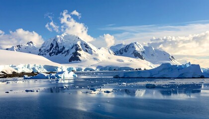 Obraz premium A scenic panoramic vista showcases majestic, snow-capped peaks reflected in the glassy, crystalline water under a bright, azure sky