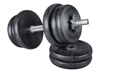 Adjustable black dumbbells with removable weight plates representing strength training, fitness equipment and home workout gear, isolated on transparent background, PNG.