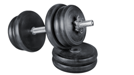 Adjustable black dumbbells with removable weight plates representing strength training, fitness equipment and home workout gear, isolated on transparent background, PNG.