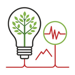 Light bulb with growing tree and heartbeat graph isolated on transparent background